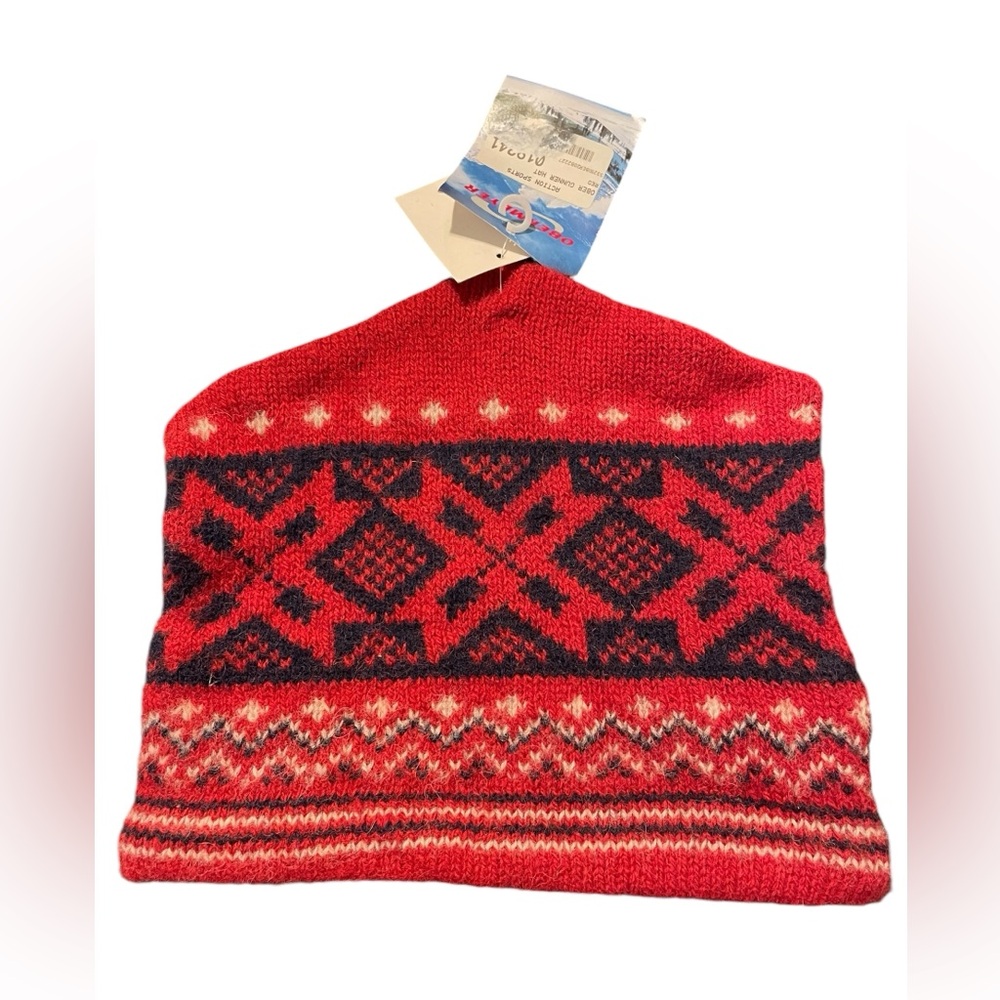 NWT Men’s Obermeyer Runner Hat Red Navy Knit Fair Isle 100% Wool OS